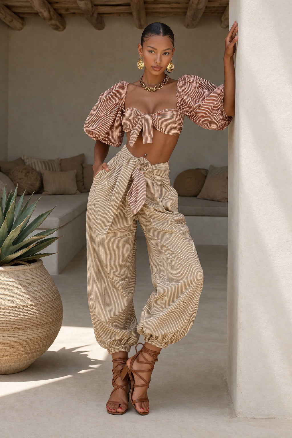 Luanda Striped Gofre Fabric Carrot Pants and Blouse Set