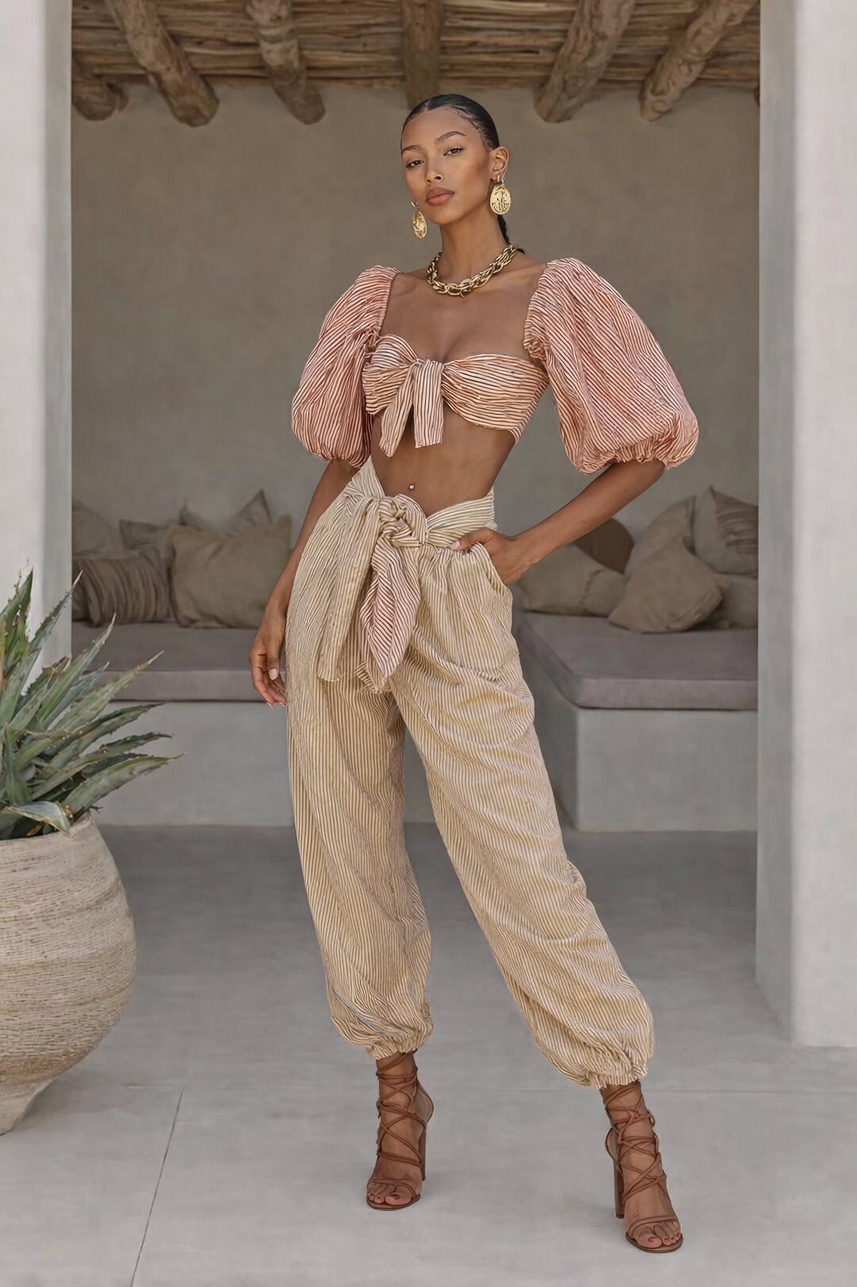Luanda Striped Gofre Fabric Carrot Pants and Blouse Set