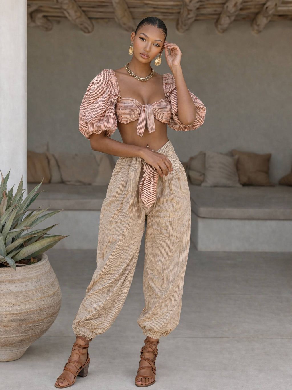 Luanda Striped Gofre Fabric Carrot Pants and Blouse Set