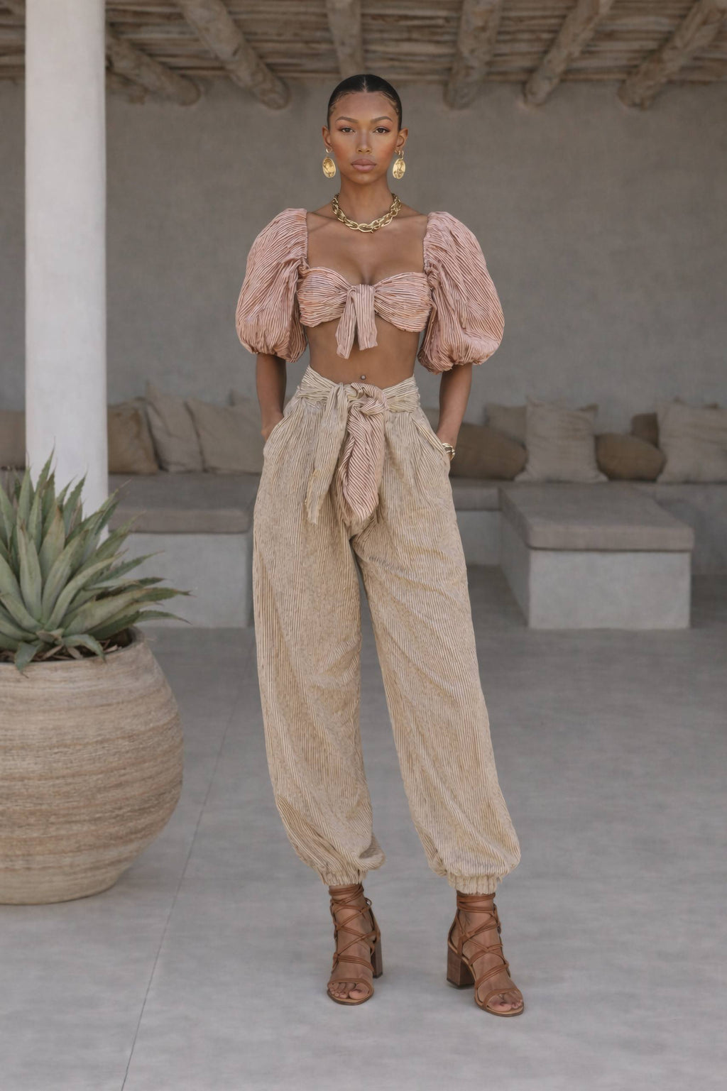 Luanda Striped Gofre Fabric Carrot Pants and Blouse Set