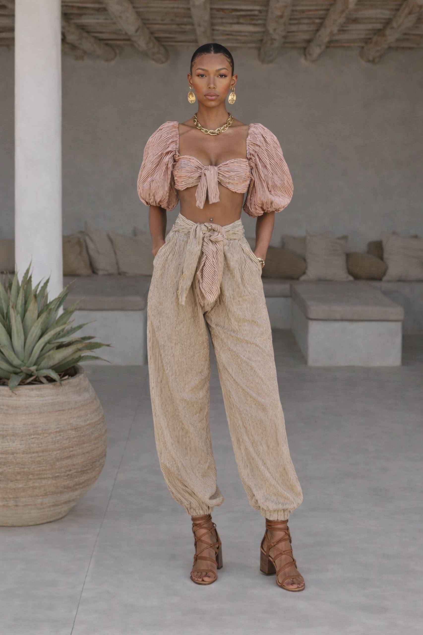 Luanda Striped Gofre Fabric Carrot Pants and Blouse Set