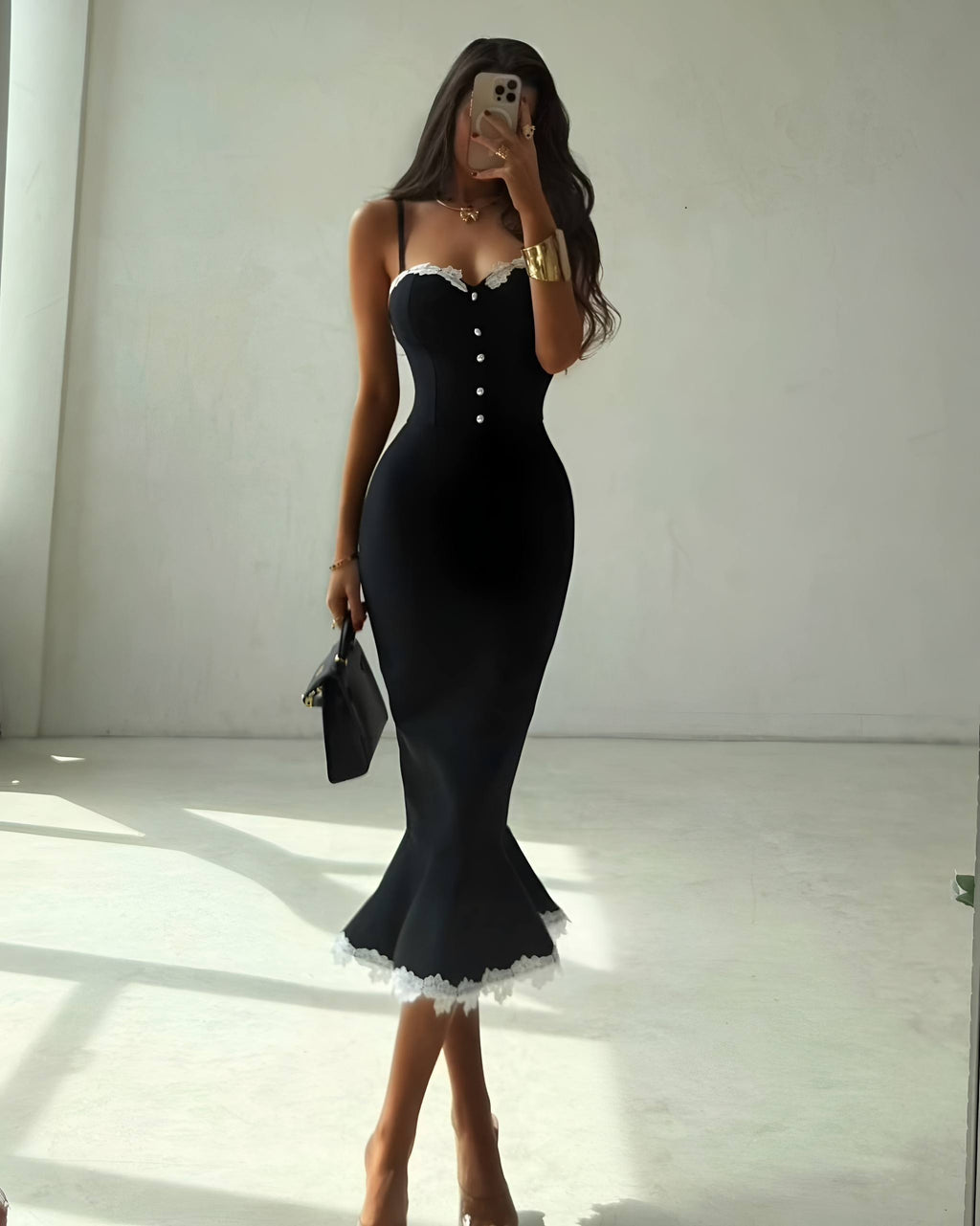 Noir Scuba Fabric Pencil Dress with Lace and Button Details